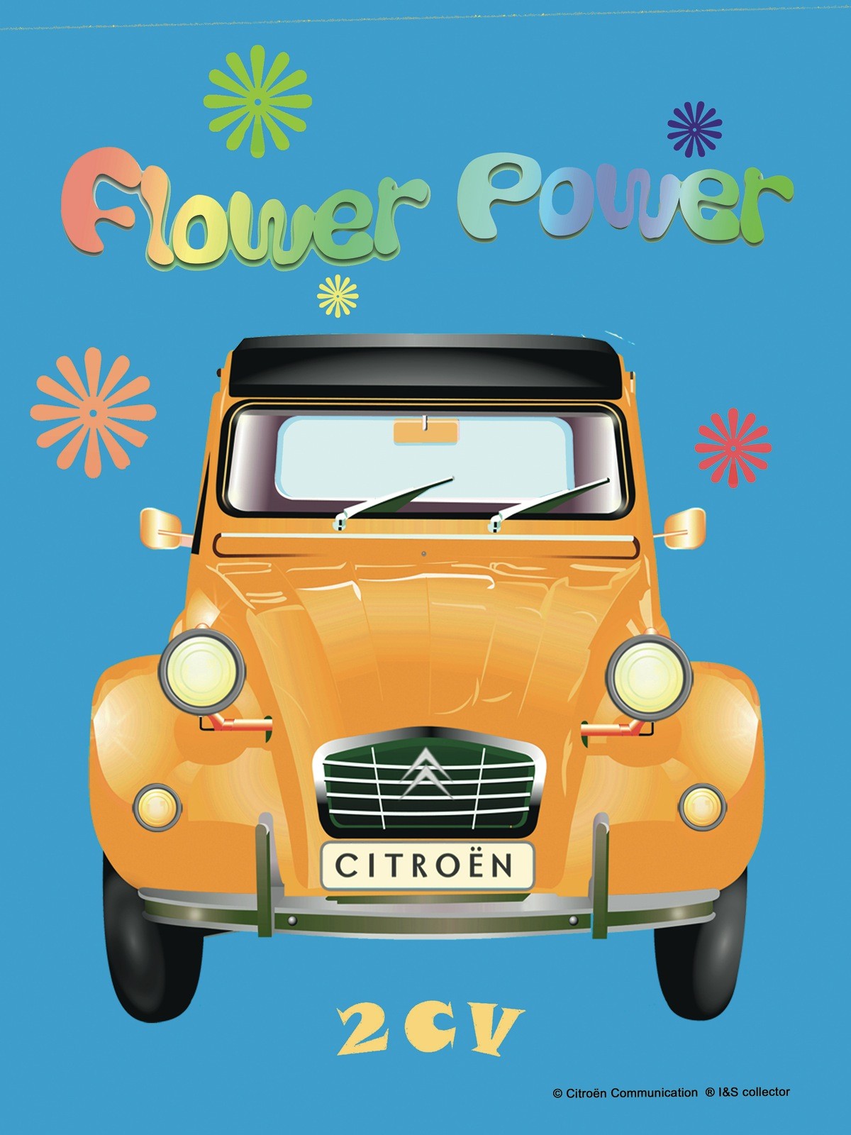 Plaque 2 CV Citroën flower power bleue